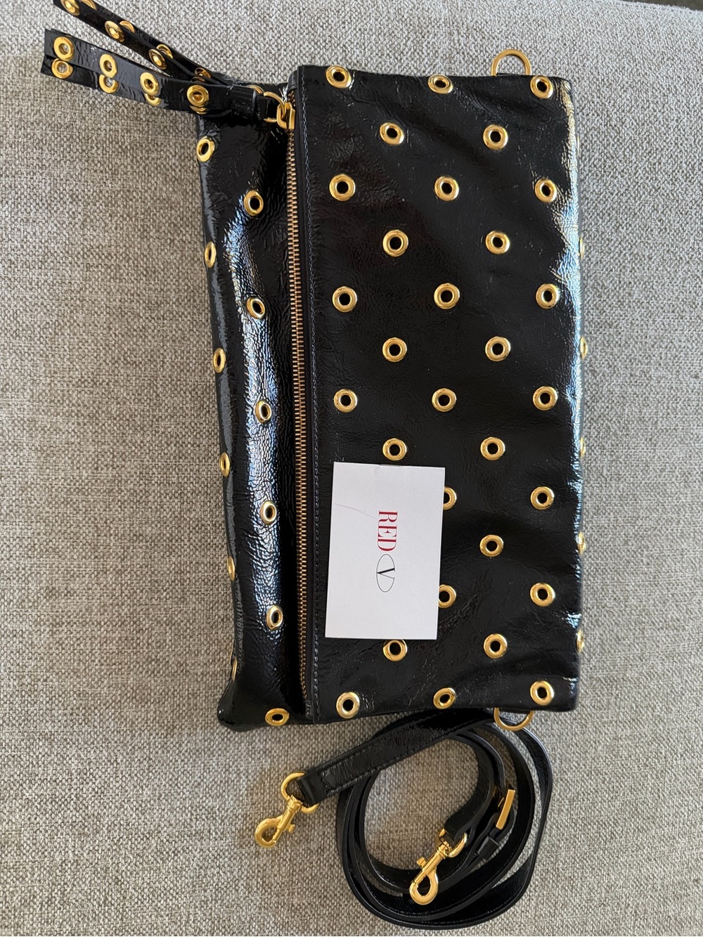 RED Valentino Black Patent Leather Gold Grommet Clutch / Crossbody